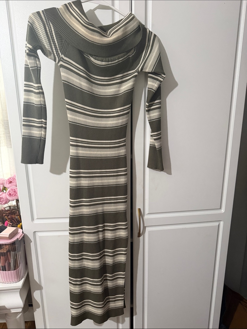 Fashion Nova Olive & Cream Striped Off-Shoulder Maxi Dress